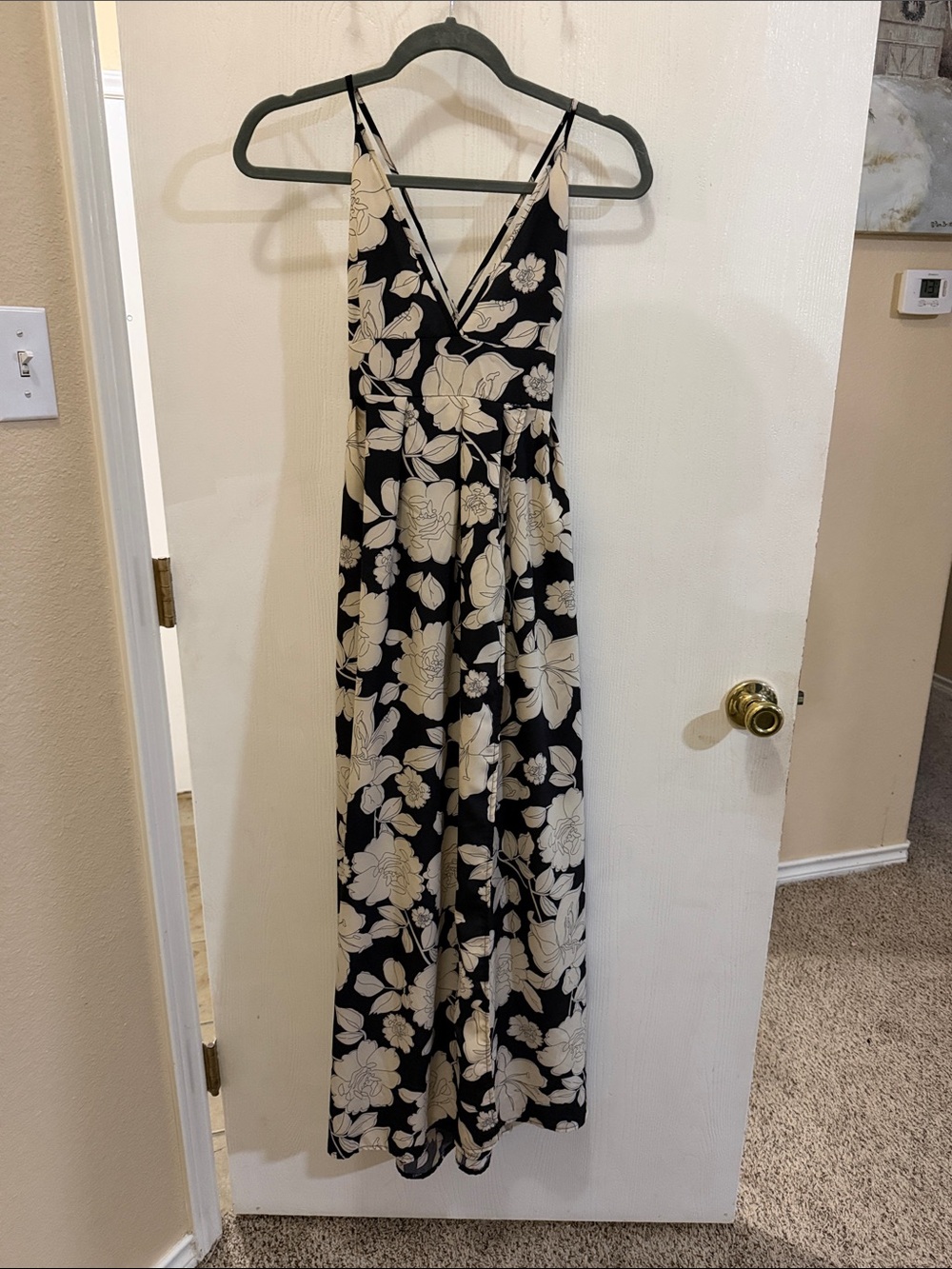 SHEIN Black Maxi Dress with Cream Floral Print - V-Neck Spaghetti Straps